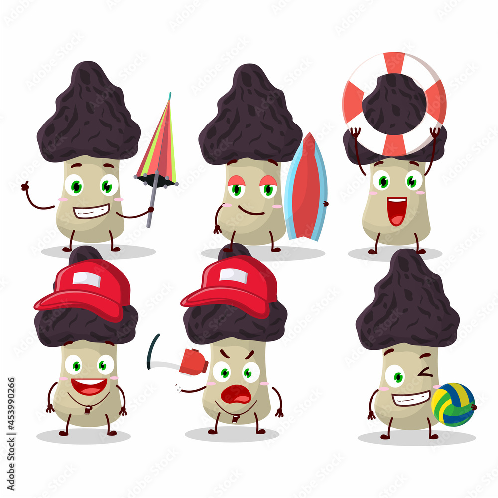 Happy Face gyromitra cartoon character playing on a beach Happy Face gyromitra cartoon character playing on a beach