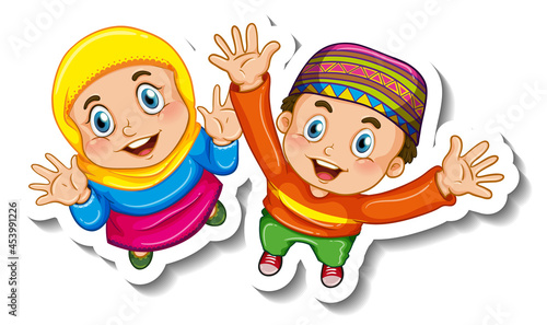 Sticker template with couple of muslim kids cartoon character isolated