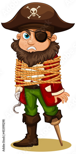 A pirate man or captain hook got rope around his body cartoon character isolated