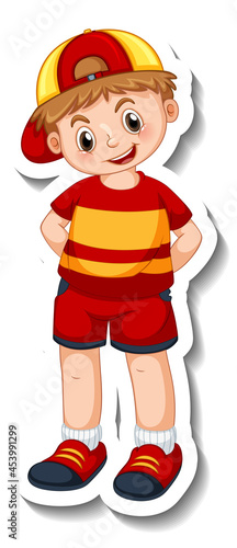 Sticker template with a happy boy in standing position cartoon character isol...
