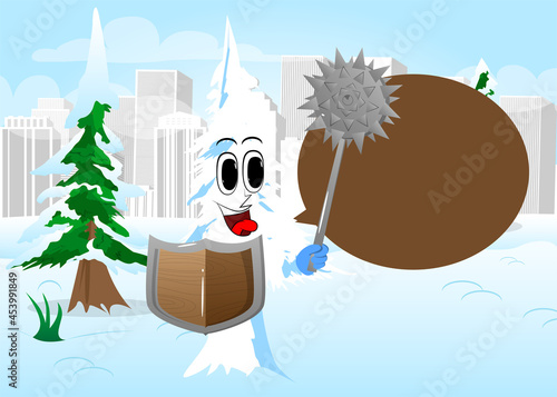 Cartoon winter pine trees with faces holding a spiked mace and shield. Cute forest trees. Snow on pine cartoon character, funny holiday vector illustration.