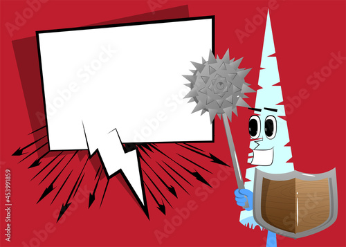 Cartoon winter pine trees with faces holding a spiked mace and shield. Cute forest trees. Snow on pine cartoon character, funny holiday vector illustration.