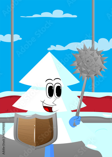 Cartoon winter pine trees with faces holding a spiked mace and shield. Cute forest trees. Snow on pine cartoon character, funny holiday vector illustration.