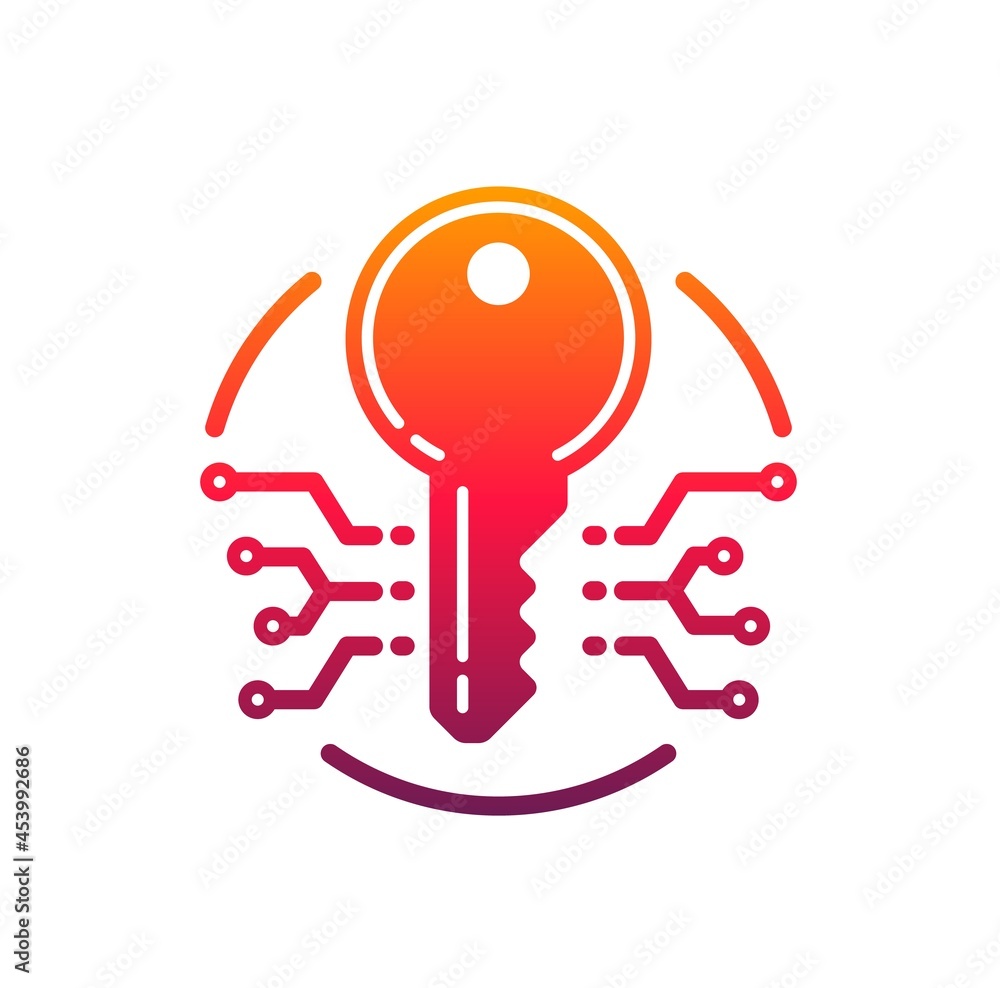 Cyber security and protection key icon. Vector emblem with microcircuit in circle. Hacker attack and data assault prevention. Information safety in internet design element isolated on white background