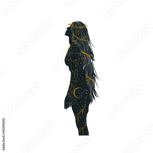 Woman in shamanic esoteric style. Ethnic girl with long hair, space, moon and stars. Design for taro, metaphorical card, flyer