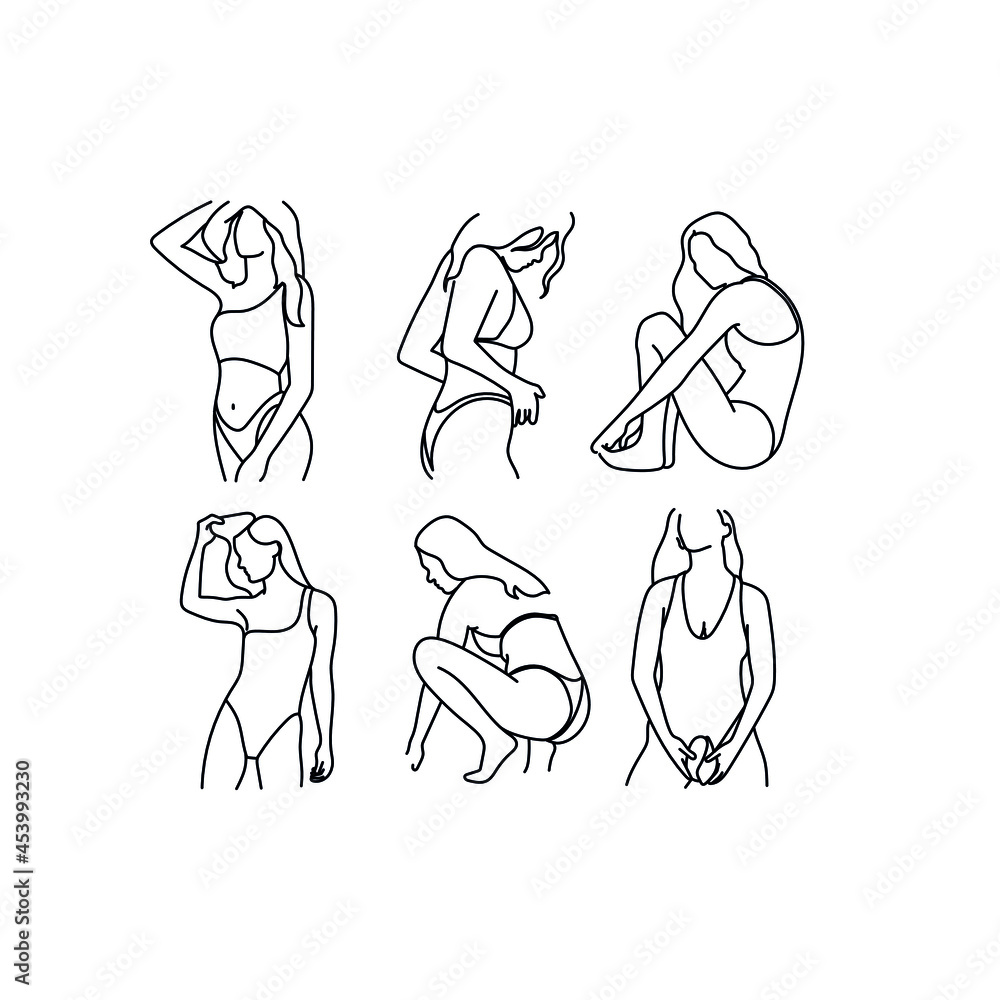 Outline silhouette of woman in swimsuit. Simple graphic minimal linear style. Female body. Beautiful model. Hand drawn art Outline silhouette of woman in swimsuit. Simple graphic minimal linear style. Female body. Beautiful model. Hand drawn art