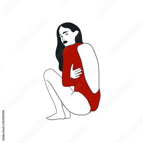 Sexy woman in red swimsuit. Summer rest. Swimmer. Clothing for the beach, relaxation and sunbathing. Hand drawn vector female figure. 