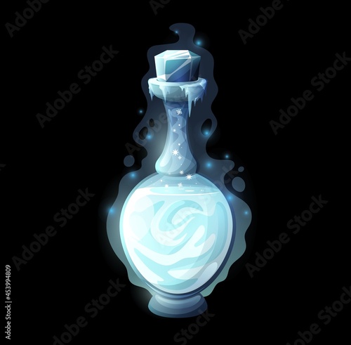 Potion bottle with ice, cartoon magic love elixir or poison vector game interface, ui or gui. Alchemist, witch or wizard potion in glass bottle, flask, jar or vial with frost, snowflakes and icicles