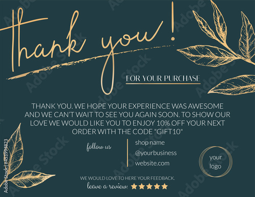 Vector illustration of a thank you card for business. Elegant card for decorating handmade products
