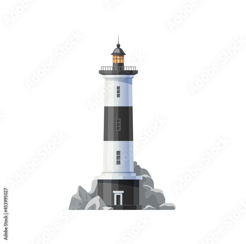 Sea lighthouse of ocean beach vector icon. Beacon tower building with nautical navigation searchlight lamp, white black stripes and marine coast rocks isolated symbol design