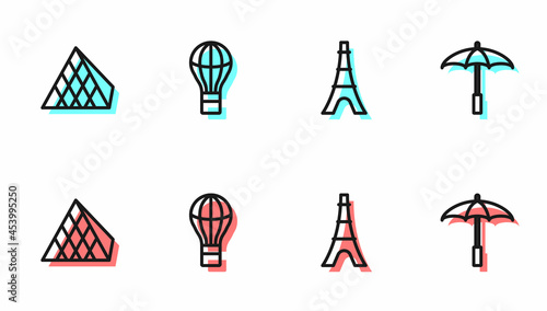 Set line Eiffel tower, Louvre glass pyramid, Hot air balloon and Umbrella for beach icon. Vector