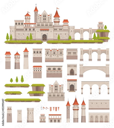 Medieval castle constructor, kids game. Cartoon vector palace architecture elements towers, gates, stronghold and flags, green plants and land. Fairytale or historical royal building isolated kit