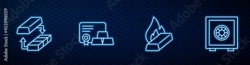 Set line Molten gold being poured, Gold exchange money, bars with certificate and Safe. Glowing neon icon on brick wall. Vector