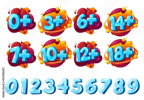 Age limit signs and icons. Cartoon vector labels zero, three and six years old, fourteen, seven and ten, twelve plus sticker, parental control restriction icon, content censorship and age rating sighs