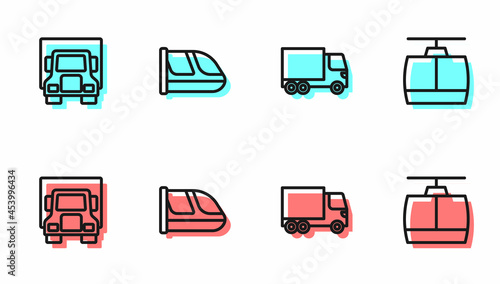 Set line Delivery cargo truck, Train and railway and Cable icon. Vector