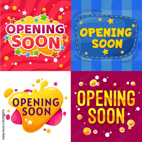 Opening soon cartoon banners. Kids store or shop grand opening announcement funny vector posters, event or website launch promotion comic stickers with stars, colorful bubbles and seam stitch