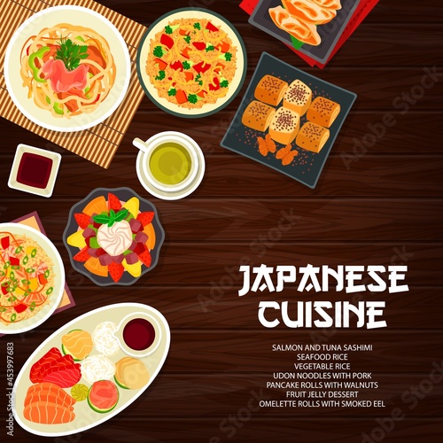 Japanese cuisine menu cover, Asian food dishes and meals, vector restaurant lunch poster. Japanese traditional dinner food bowls with udon noodles, seafood and vegetable rice, salmon and tuna sashimi