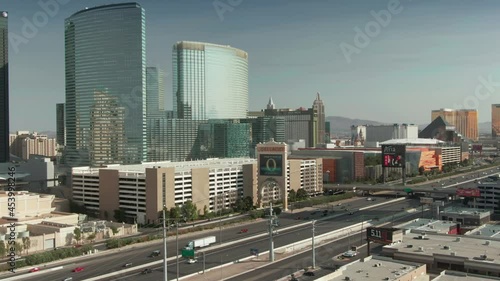 Aerial: Las Vegas city skyline and Las Vegas freeway, Nevada, USA
