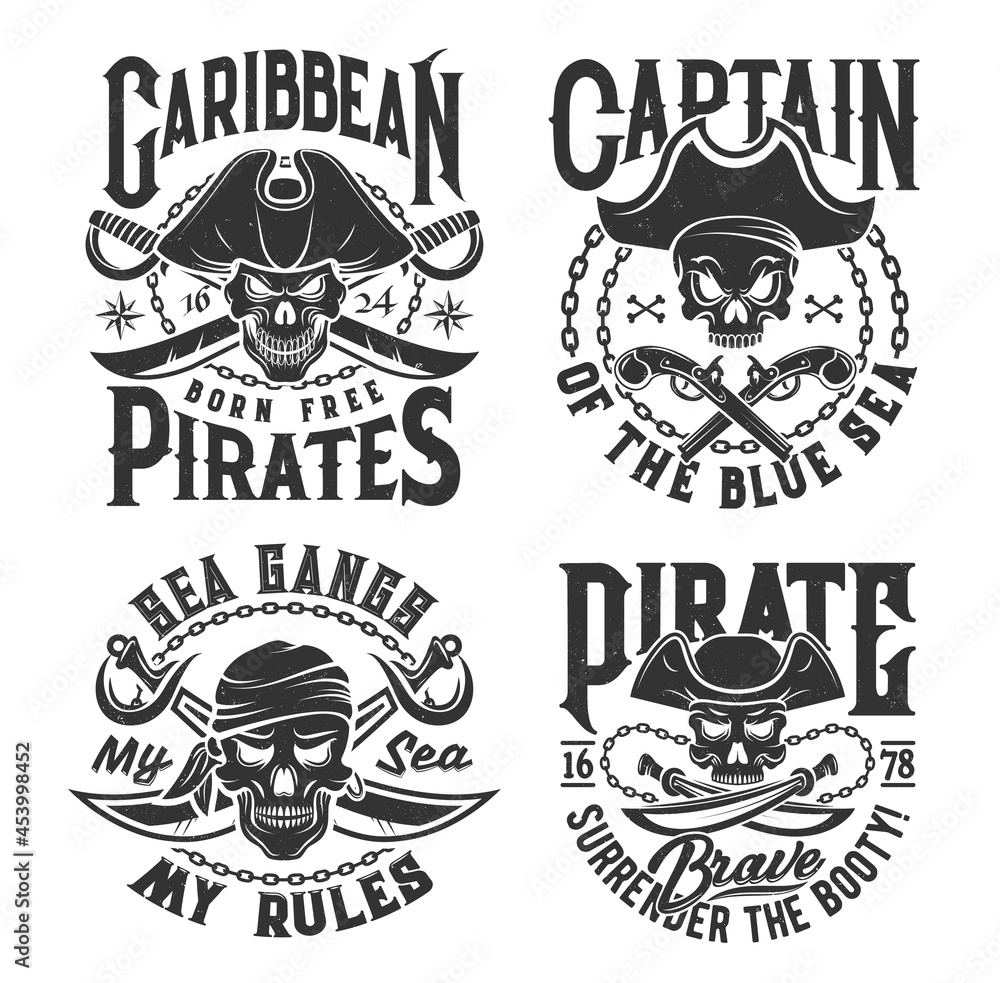 Fototapeta premium Tshirt prints with pirate skull in cocked hat and crossed sabers and guns. Vector mascot for apparel. T shirt print design with typography. Caribbean Jolly roger monochrome isolated emblems or labels