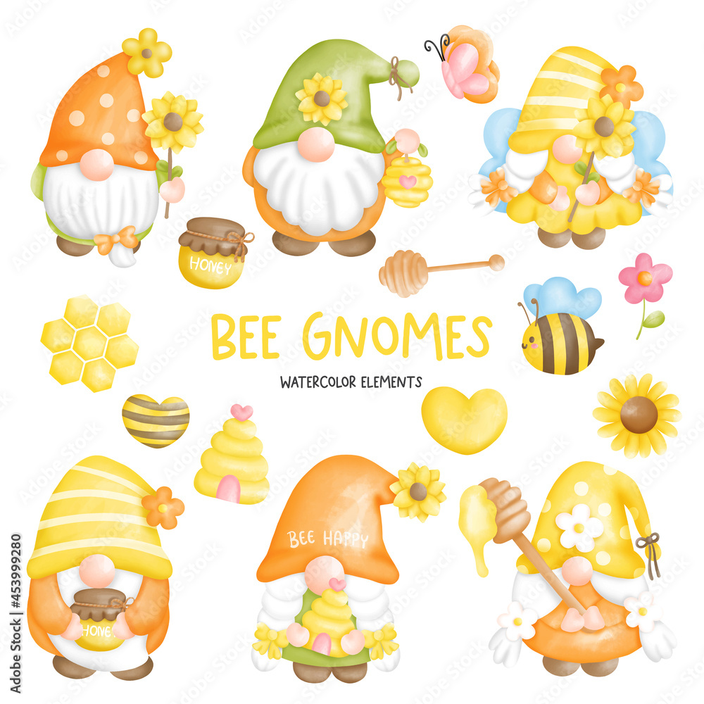 Digital paint watercolor bee gnome elements Digital paint watercolor bee gnome elements