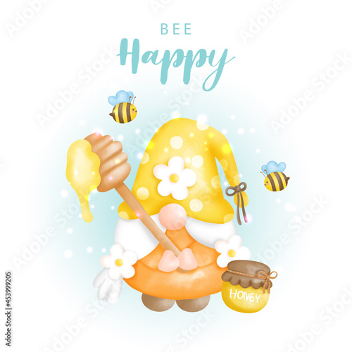 Bee happy with cute gnome and bees, Digital paint vector illustration.