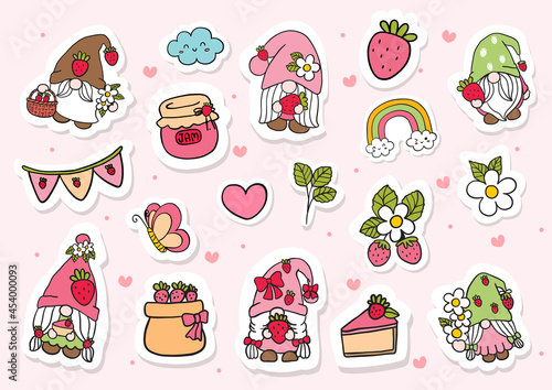 Strawberry gnomes sticker, planner and scrapbook. Vector illustration