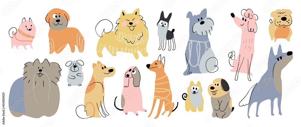 Cute dogs doodle vector set. Cartoon dog or puppy characters design ...