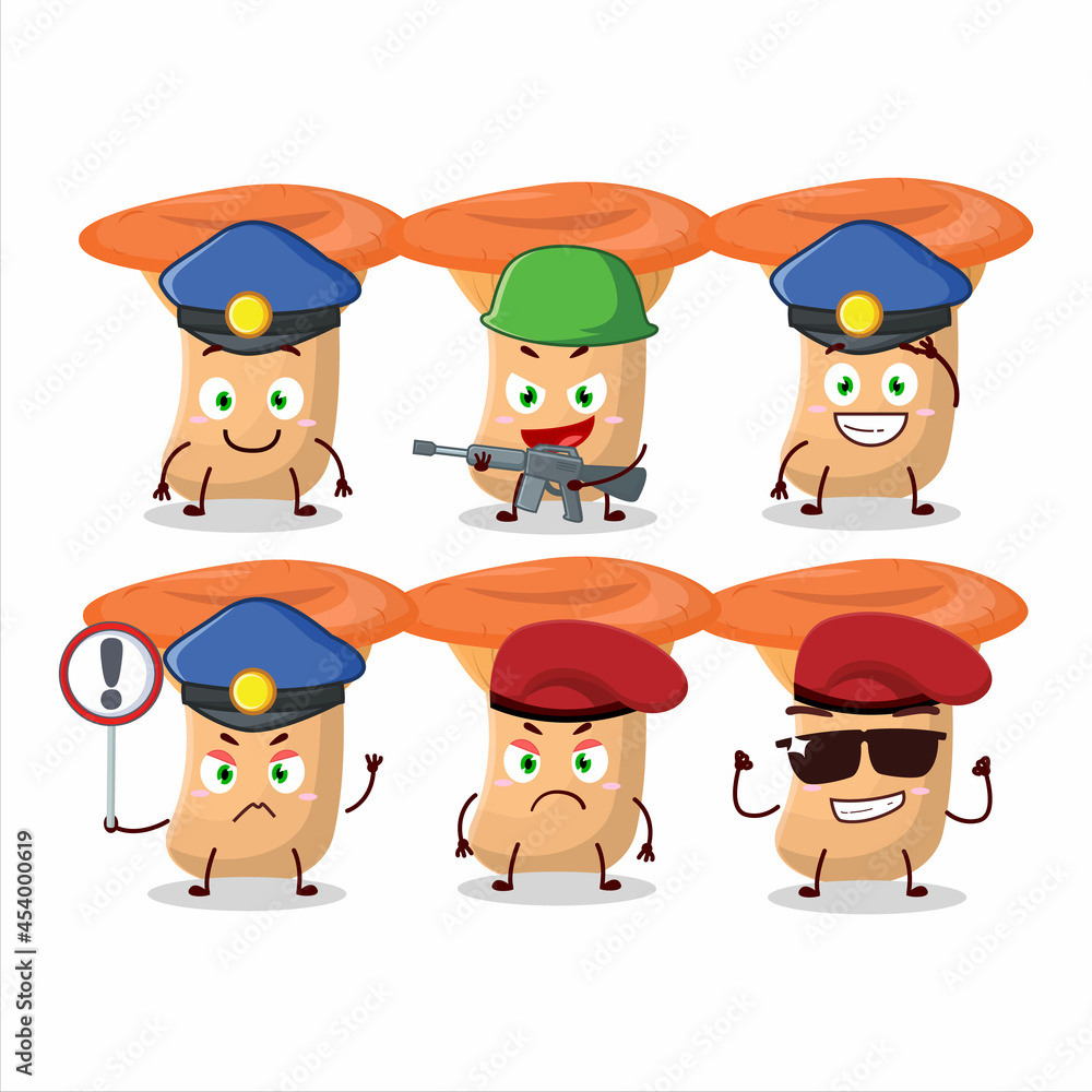 A dedicated Police officer of safron milkcap mascot design style