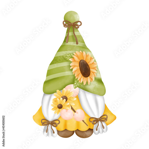 Digital paint watercolor sunflower gnomes isolated on white background. Cute gnome spring season greeting card. 