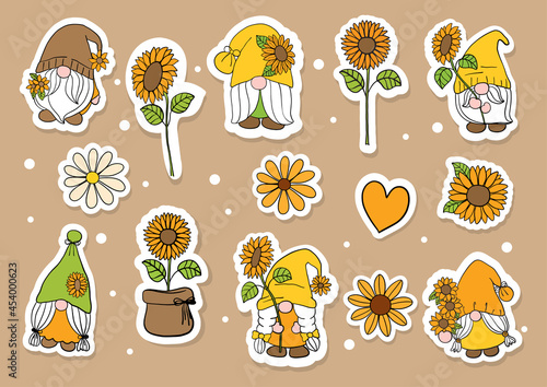Sunflower gnomes sticker, planner. Digital painting. 
