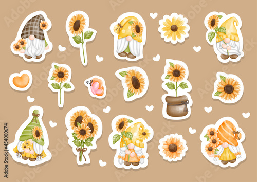 Sunflower gnomes sticker, planner. Digital painting. 