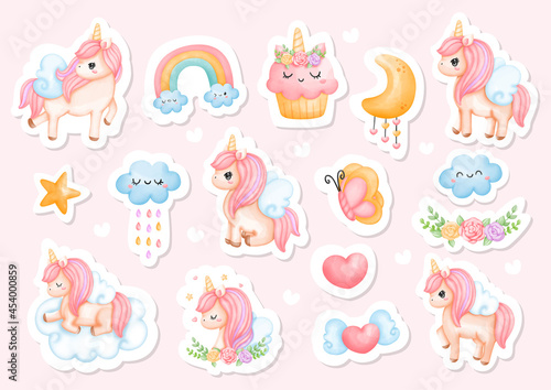 Digital paint Unicorn, Watercolor unicorn sticker, planner.