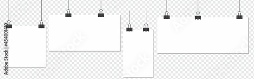 Blank hanging paper sheet with blinder clip, vector set. Empty white photo frame mockup: poster, banner, square. Realistic picture hanging. Concept art gallery canvas portfolio. Isolated illustration