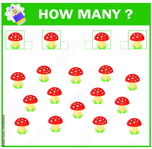 How many? Mathematical game for Preschool children. Count the white dots on the fly agarics and write the result.