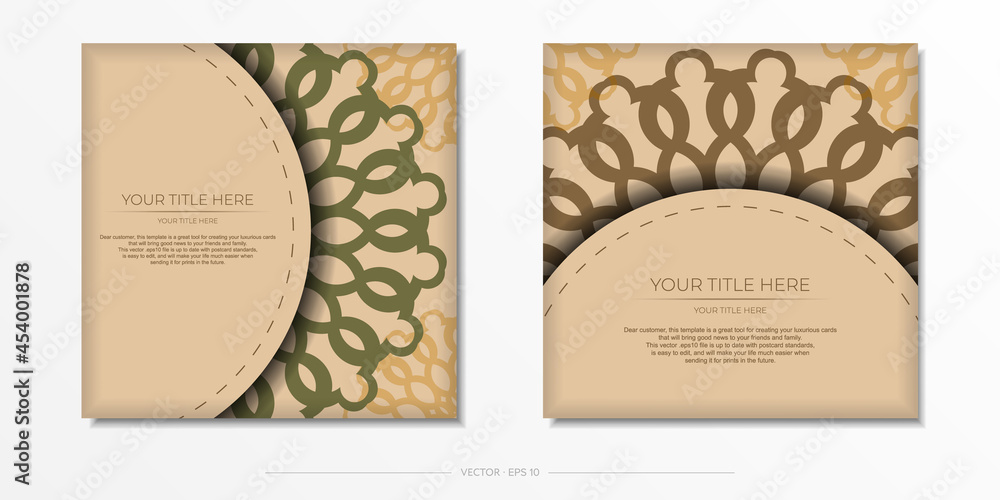 Invitation card design with space for your text and abstract patterns. Vector Print Ready Beige Color Postcard Design with Mandala Patterns.