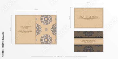 Vector Invitation card template with place for your text and abstract ornament. Beige color postcard design with mandala ornament.