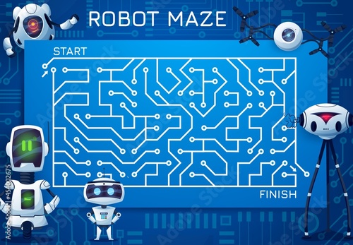 Labyrinth maze game with motherboard and robots. Cartoon kids vector boardgame, find correct way test with ai bots, cyborgs, drones and androids. Worksheet riddle with microcircuit field and droids