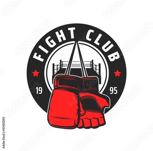 Fight club icon with vector gloves and ring of fighting or combat sport. Boxing, MMA mixed martial arts, kickboxing or wrestling fighter equipment isolated round badge or emblem design
