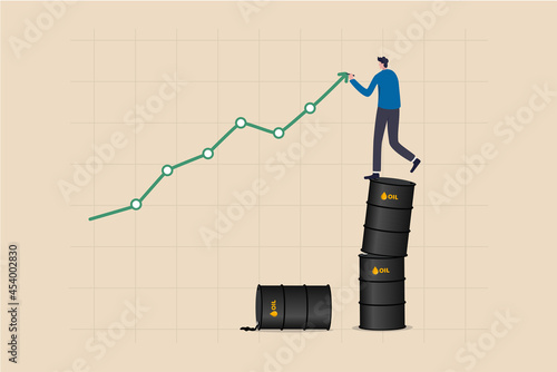 Oil price rising up, crude oil commodity price growth after crisis, high demand or energy or gasoline industry concept, businessman trader standing on stack of oil gallon drawing rising up graph.