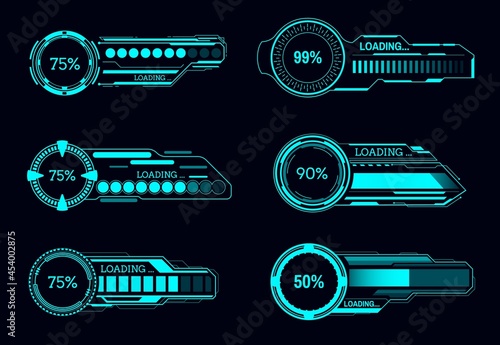HUD futuristic loading progress bars, Sci Fi vector user interface. Game ui digital screen or control panel, future technology dashboard elements of neon status bars with progress indicators