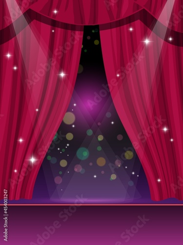 Red curtains on stage, circus or theater and cinema show vector background. Red curtains or velvet drapes with spotlight, opera or funfair carnival circus stage and cinema theater performance show