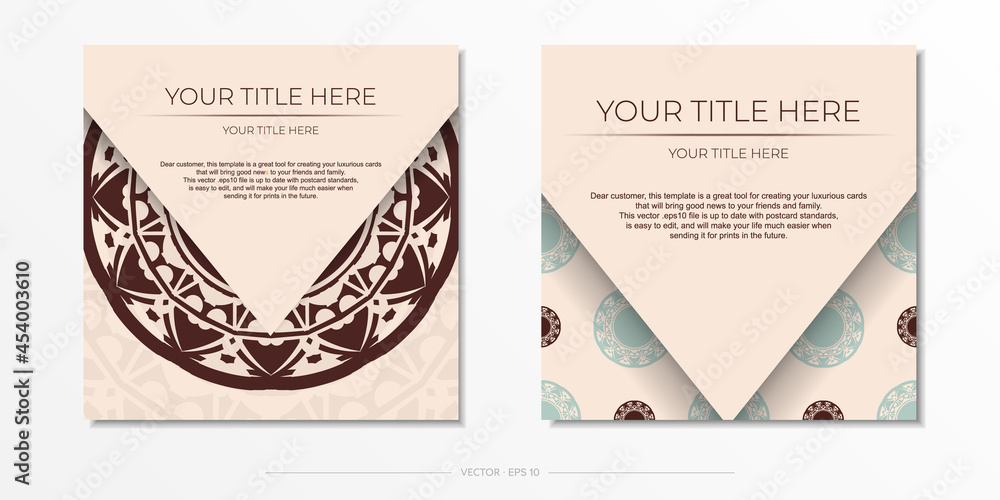 Invitation card design with space for your text and abstract patterns. Beige color postcard design with mandala ornament.