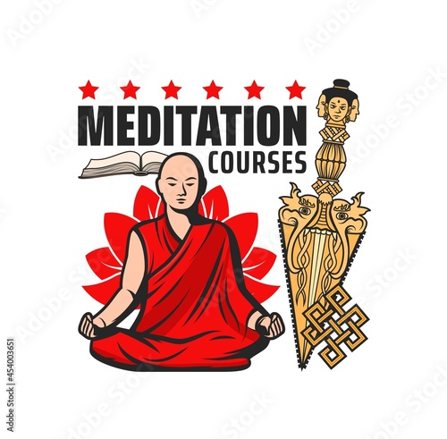 Buddhism meditation courses vector icon with isolated Buddhist religion symbols. Monk meditating in lotus position with endless or eternal knot  gold kila or phurba dagger and Sutra book