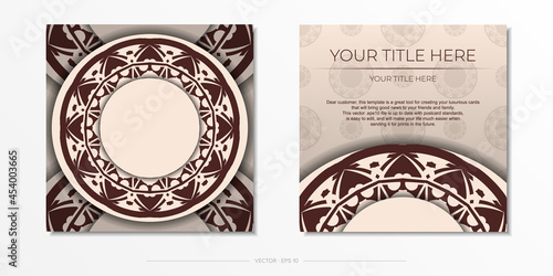 Invitation card design with space for your text and abstract patterns. Beige color postcard design with mandala ornament.