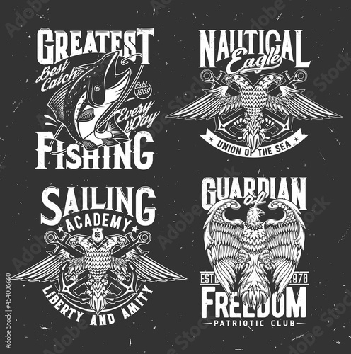 Nautical heraldry, anchor and eagle, fishing club marine emblems. Heraldic badges of fishing club with fish on hook, sea and ocean nautical union signs with two headed eagle with patriotic slogan