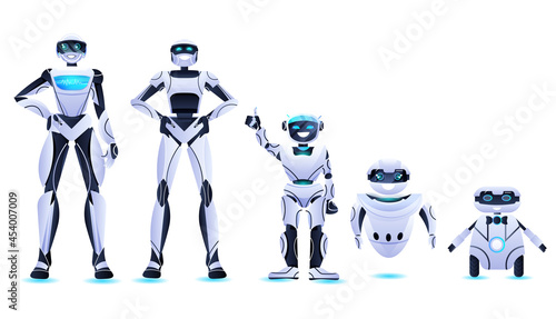 different robots standing together modern robotic characters team artificial intelligence technology concept