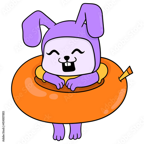 the bunny on vacation is wearing a tire for swimming, doodle icon image kawaii