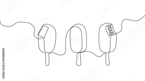 Ice cream on a stick continuous line drawing set. One line art of dairy produce, milk products, food.