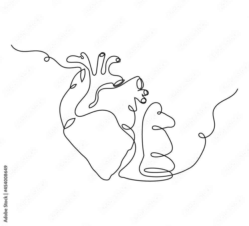 Obraz premium Human heart with chess knight one line set art. Continuous line drawing of internal organ and chess piece.