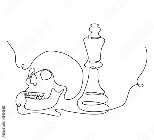 Human skull with chess king one line set art. Continuous line drawing of skeleton and chess piece.